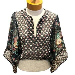 Vintage 1980s Rock Candy Womens Crop Top Kimono Sleeve Floral Black Hippie